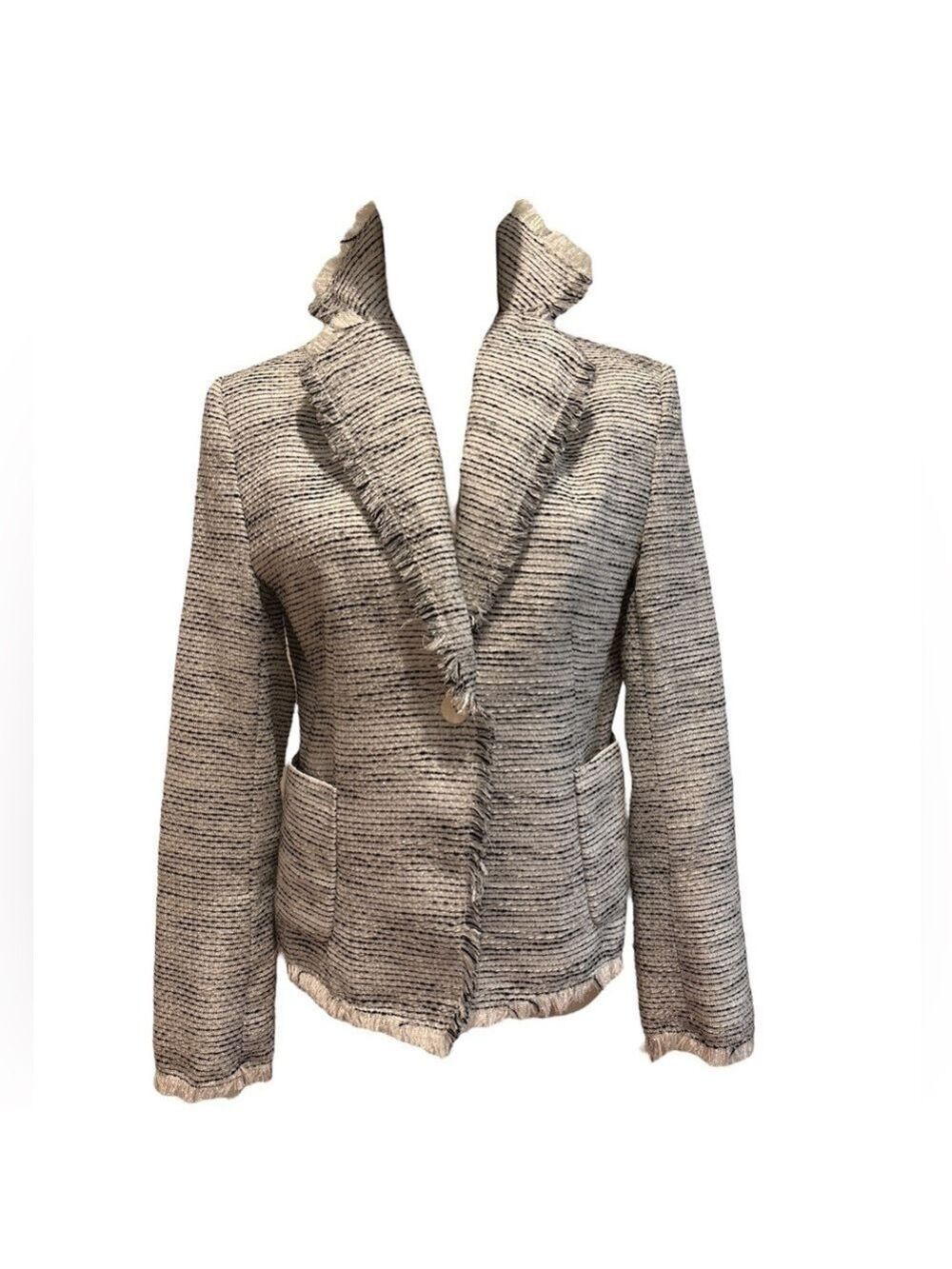 NWOT ANN CARSON BLACK WHITE & SILVER METALLIC TWEED BLAZER W FRINGE EDGINIG SZ M